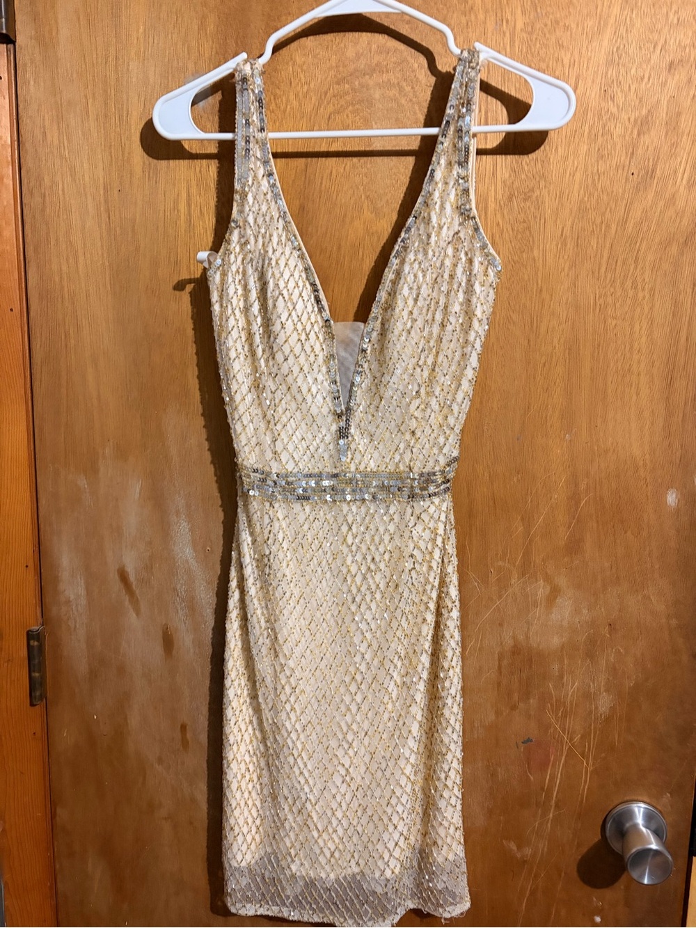 Rachel Allan Gold Sequin Deep V Cocktail Dress